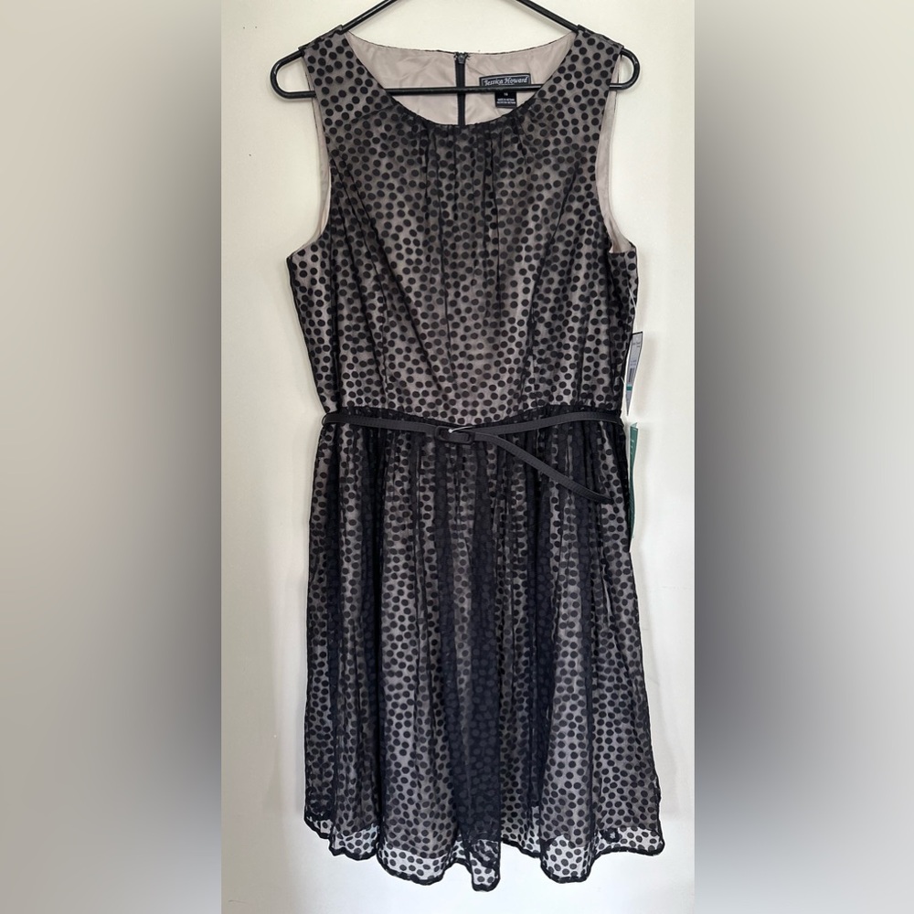 BRAND NEW Dress from the Jessica Howard. Blk polka dots a nude layer underneath